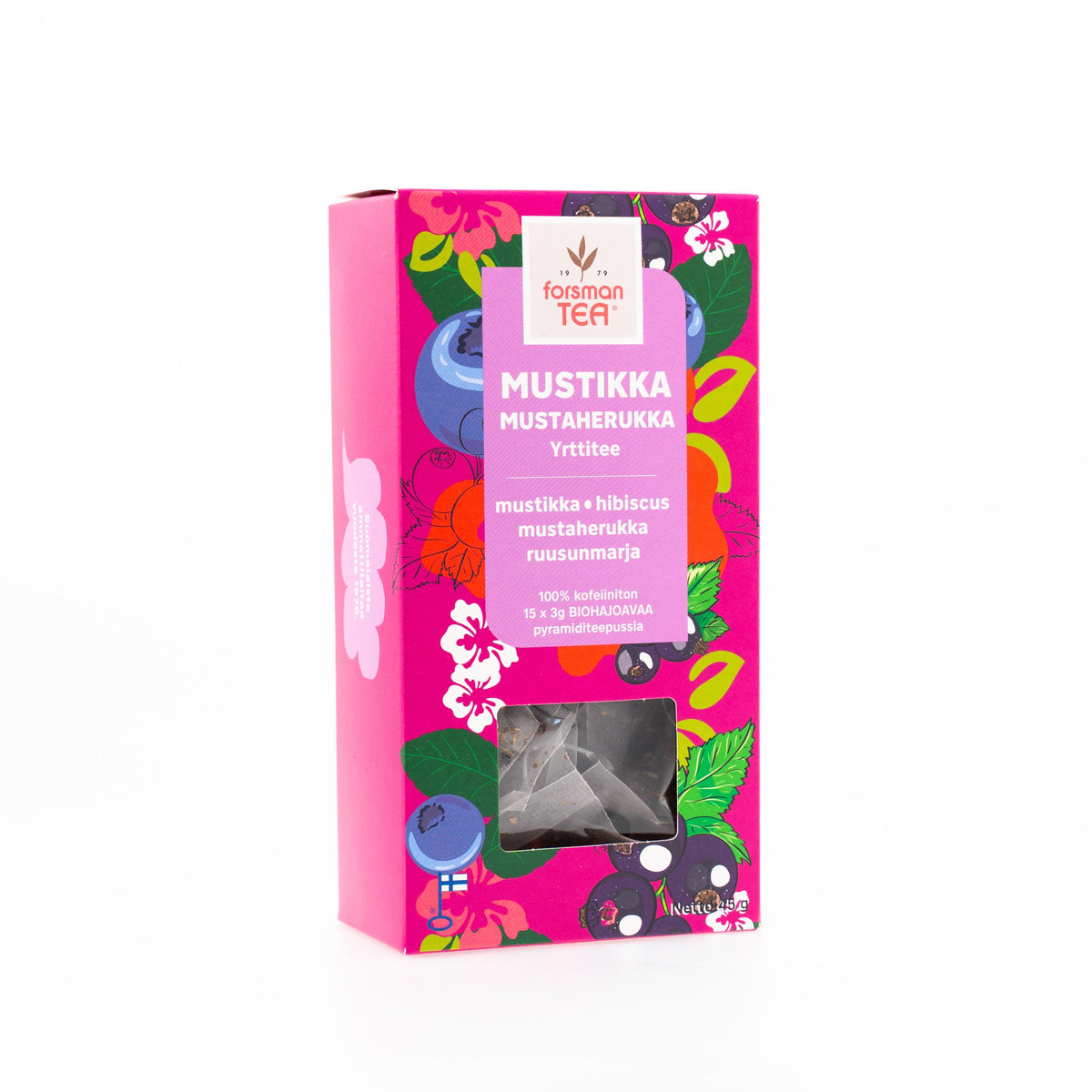 Mustikka Mustaherukka Hibiscus pyramiditee Yrttitee Forsman Tee