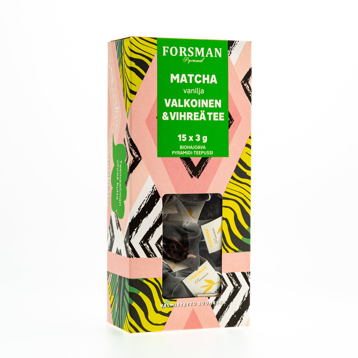 Matcha Vanilja Valkoinen ja Vihreä pyramiditee Vihreä tee Forsman Tee