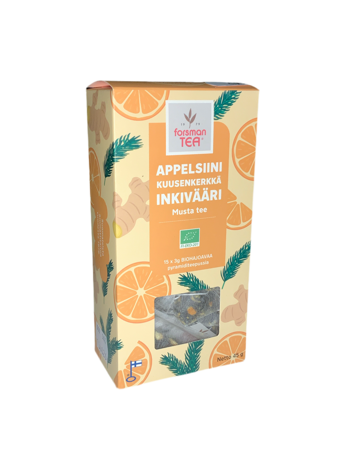 Appelsiini Kuusenkerkkä Inkivääri -pyramiditee 45g Musta tee Forsman Tee